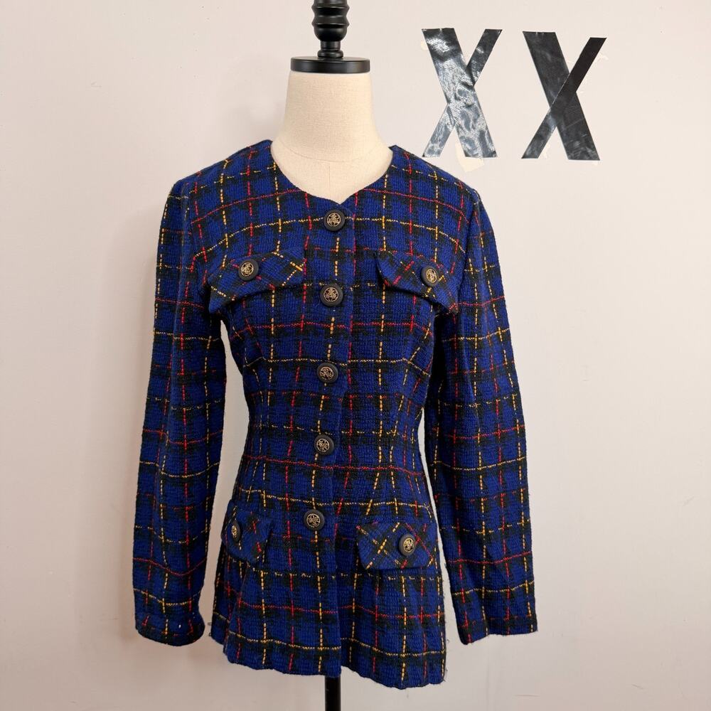 Y2K Rampage Navy Black Red Yellow Check Gold Button Fitted Blazer Jacket S